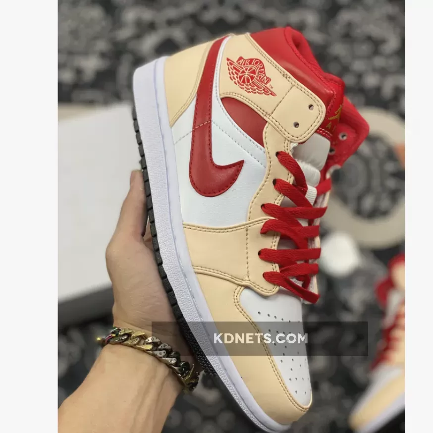 Jordan 1 Cardinal Curry - Air Jordan 1 Mid GS Beige Red For Womens 554725-201