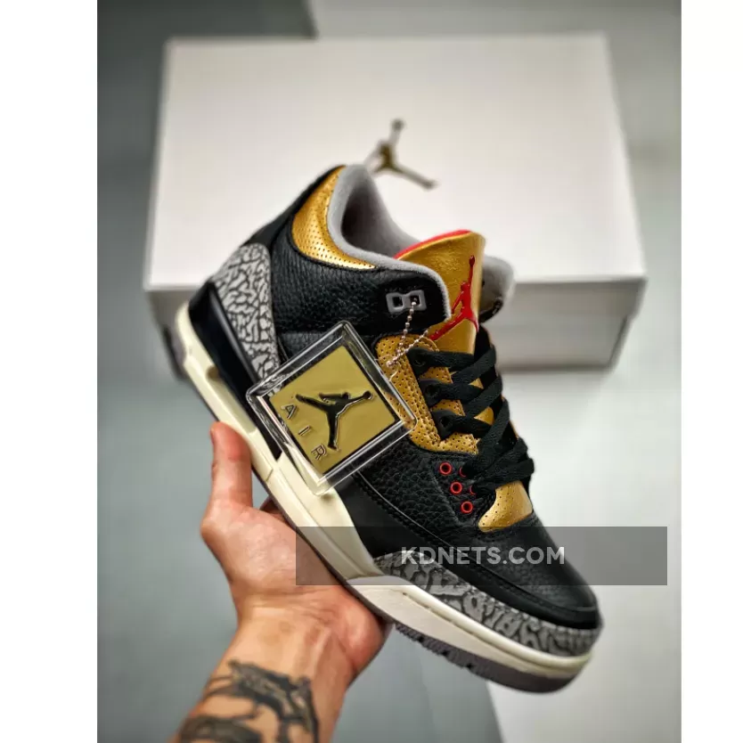 Air Jordan 3 "Black Gold" Black/Fire Red-Metallic Gold-Cement Grey